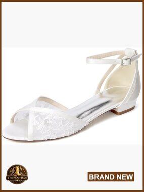 Lace Open Toe Wedding Flats for Bride with Buckle Ankle Strap